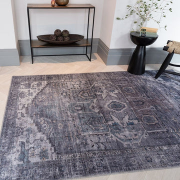 Washable Kaya Noor KY03 Traditional Persian Vintage Distressed Floral Durable Chenille Polyester Flatweave Grey/Blue/Purple/Multicolour Rug-Asiatic Carpets-Rug Love - The Most Loved Rug Store
